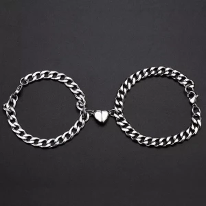 Silver Heart Magnetic Couple Chain Bracelet