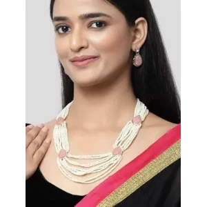 Karatcart Pink Carved Stone Studded Pearl Beaded Rani Haar Necklace Set for Women