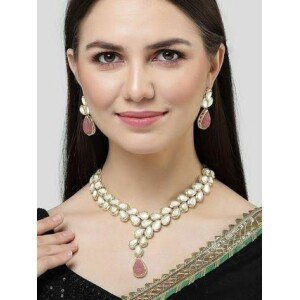 Karatcart Gold Plated Pink Drop Shape Carved Stone and Kundan Studded Necklace Set
