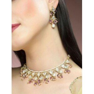 Karatcart Gold Plated Pink and Purple Crystal Kundan Necklace Set for Women