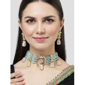 Karatcart White Designer Tumble Light Blue Crystal Beaded Kundan Choker Necklace Set