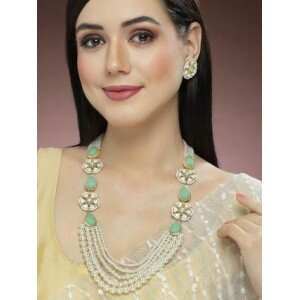 Karatcart Pearl Beaded Light Green Carved Stone Kundan Rani Haar Necklace Set for Women