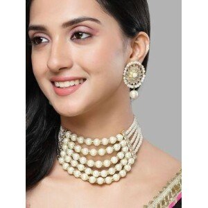 Karatcart Pearl Multilayer Beaded Kundan Choker Necklace Set for Women
