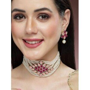 Karatcart Gold Plated Pearl Beaded Royal Pink and Baby Pink Kundan Stone Choker Necklace Set
