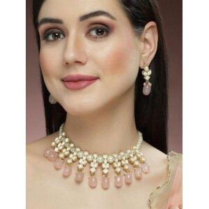 Karatcart Gold Plated Pink Tumble and Pearl Studded Kundan Necklace Set