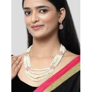 Karatcart Pink Carved Stone Studded Pearl Beaded Rani Haar Necklace Set for Women